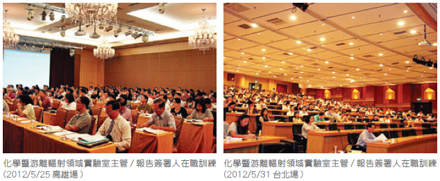 左圖：化學暨游離輻射測試領域實驗室主管/ 報告簽署人在職訓練 (2012/5/25 高雄場)；右圖：化學暨游離輻射測試領域實驗室主管/ 報告簽署人在職訓練 (2012/5/31 台北場)