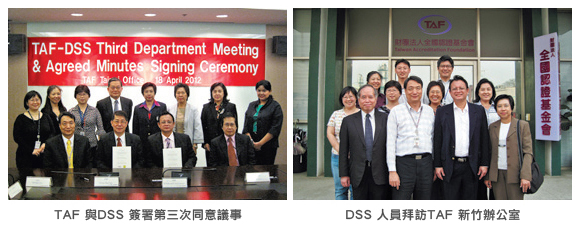 左圖：TAF 與DSS 簽署第三次同意議事；右圖：DSS 人員拜訪TAF 新竹辦公室