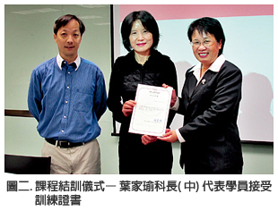 圖二.課程結訓儀式—葉家瑜科長 (中)代表學員接受訓練證書
