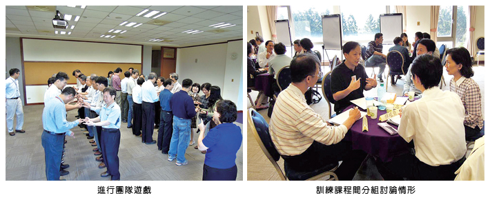 左圖：進行團隊遊戲；右圖：訓練課程間分組討論情形
