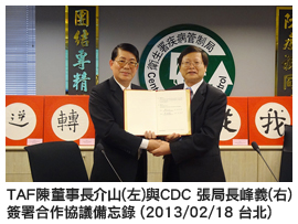 TAF陳董事長介山(左)與CDC 張局長峰義(右)簽署合作協議備忘錄 (2013/02/18 台北)