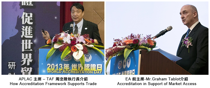 左圖：APLAC主席 – TAF 周念陵執行長介紹 How Accreditation Framework Supports Trade；右圖：EA 前主席 – Mr.Graham Tablot介绍 Accreditation in Support of Market Access