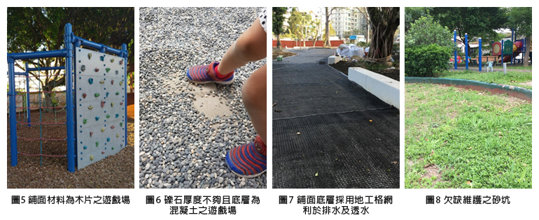 圖5 鋪面材料為木片之遊戲場;圖6 礫石厚度不夠且底層為混凝土之遊戲場;圖7 鋪面底層採用地工格網利於排水及透水:圖8 欠缺維護之砂坑 圖5 鋪面材料為木片之遊戲場;圖6 礫石厚度不夠且底層為混凝土之遊戲場;圖7 鋪面底層採用地工格網利於排水及透水:圖8 欠缺維護之砂坑