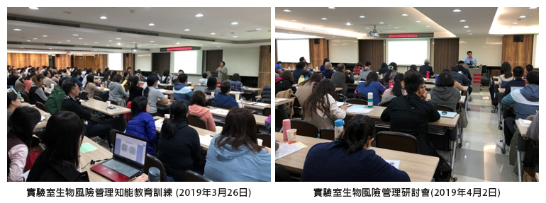 左圖：實驗室生物風險管理知能教育訓練 (2019年3月26日)；右圖：實驗室生物風險管理研討會(2019年4月2日)