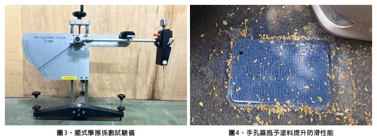 圖3、擺式摩擦係數試驗儀；圖4、手孔蓋施予塗料提升防滑性能