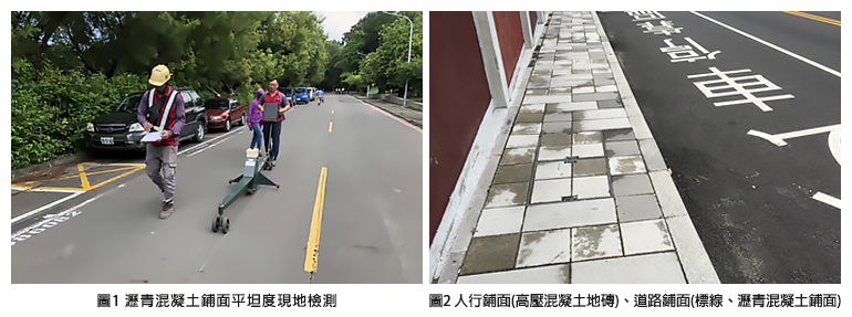 圖1 瀝青混凝土鋪面平坦度現地檢測；圖2 人行鋪面(高壓混凝土地磚)、道路鋪面(標線、瀝青混凝土鋪面)